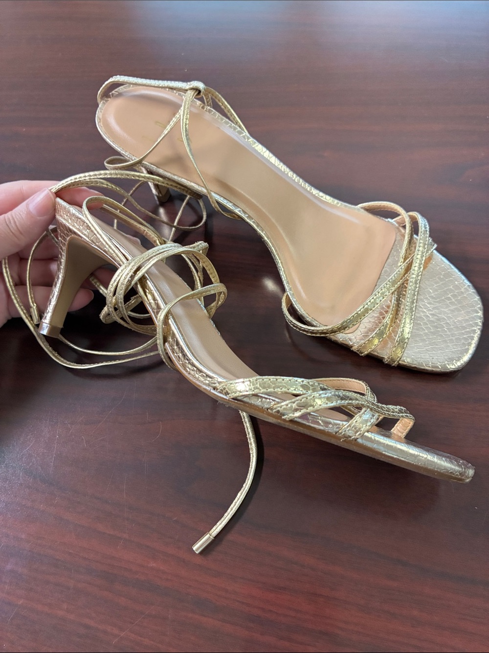 Gold Strappy Lace-Up Heeled Sandals for Women